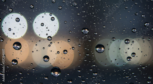 Close-up of water droplets on a glass surface with soft-focus background lights. The droplets are highly detailed with light refractions.