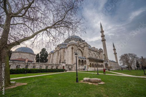 Majestic view of the Süleymaniye Mosque in Istanbul with its grand domes and towering minarets under a cloudy sky, surrounded by a peaceful garden and winter-bare trees
