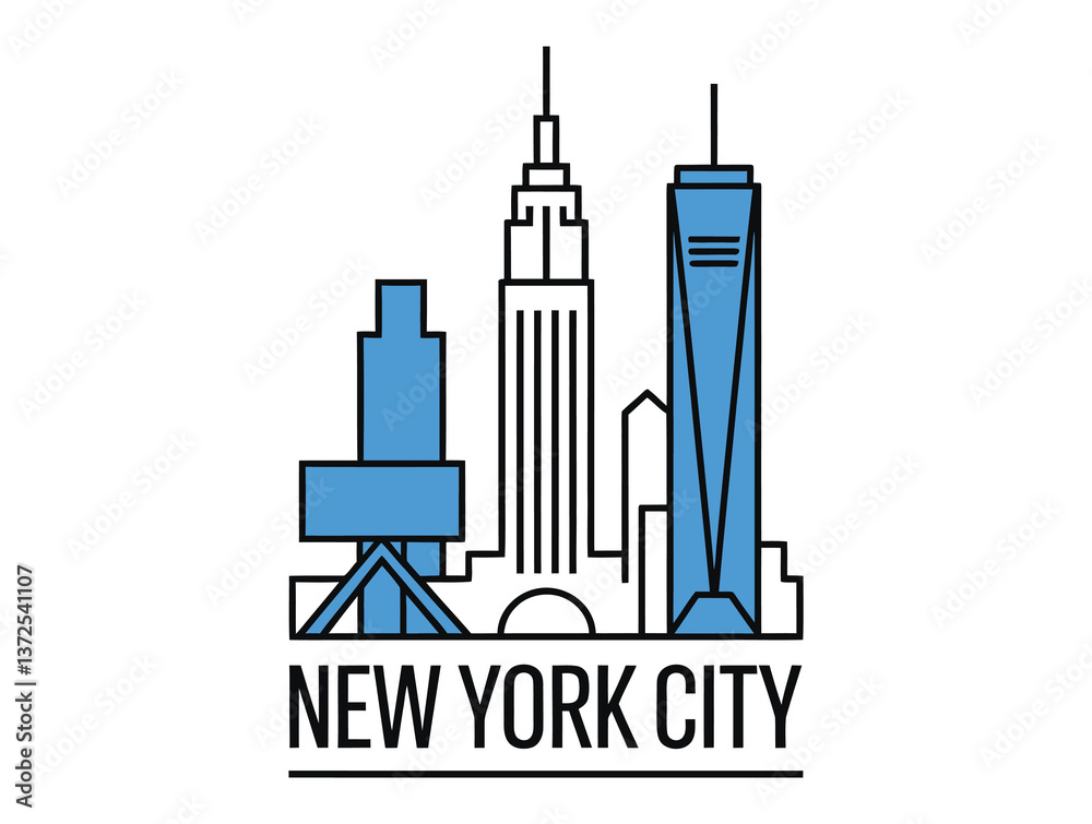 Obraz premium Stylish New York City skyline logo featuring iconic buildings and landmarks, perfect for travel branding, souvenirs, and city-themed designs.