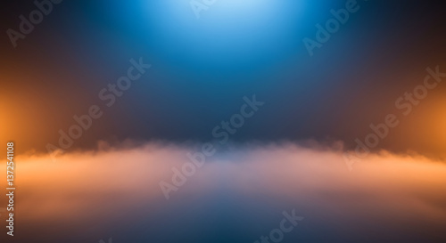 Soft, atmospheric fog rising from the bottom of the frame. The mist is illuminated by moody blue and orange lighting.
