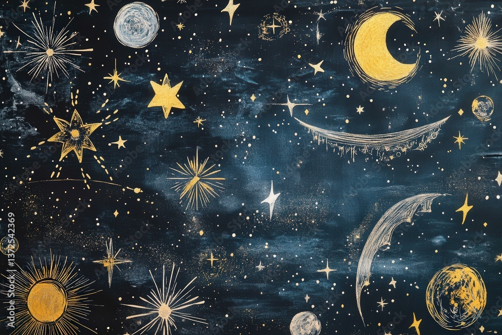 Fototapeta premium Hand-sketched celestial elements like stars, moons, and constellations,
