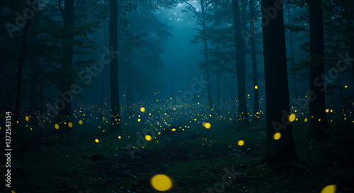 A magical nighttime forest scene with glowing fireflies scattered among dark trees. The atmosphere is dreamy and mysterious.