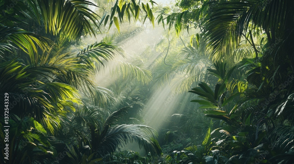 Naklejka premium Sunbeams pierce lush jungle foliage