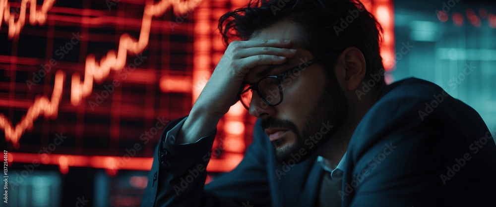 Stressed trader analyzing stock market crash displayed on screen in office Stressed trader analyzing stock market crash displayed on screen in office