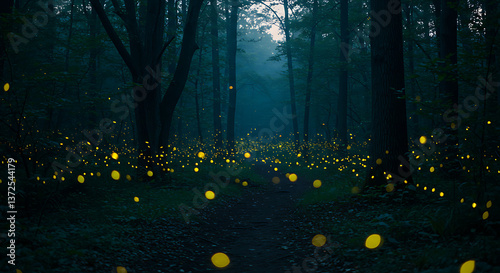 A magical nighttime forest scene with glowing fireflies scattered among dark trees. The atmosphere is dreamy and mysterious.