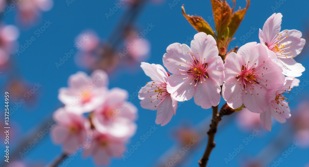 Obraz premium Cherry blossom branch with pink flowers against blue sky. Spring bloom concept for seasonal celebration and nature awakening events