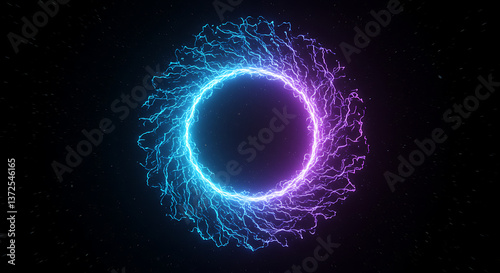 A glowing sci-fi portal with neon blue and purple energy swirling in a circular shape. The edges are crackling with light energy.