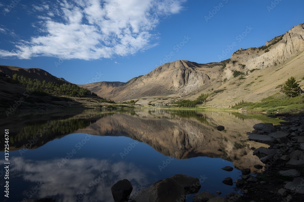 Fototapeta premium Still lake mirrors mountain, trees, sky, and clouds on a sunny day