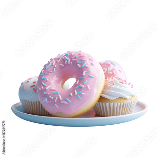 Pink donuts arranged on a plate on a transparent background.