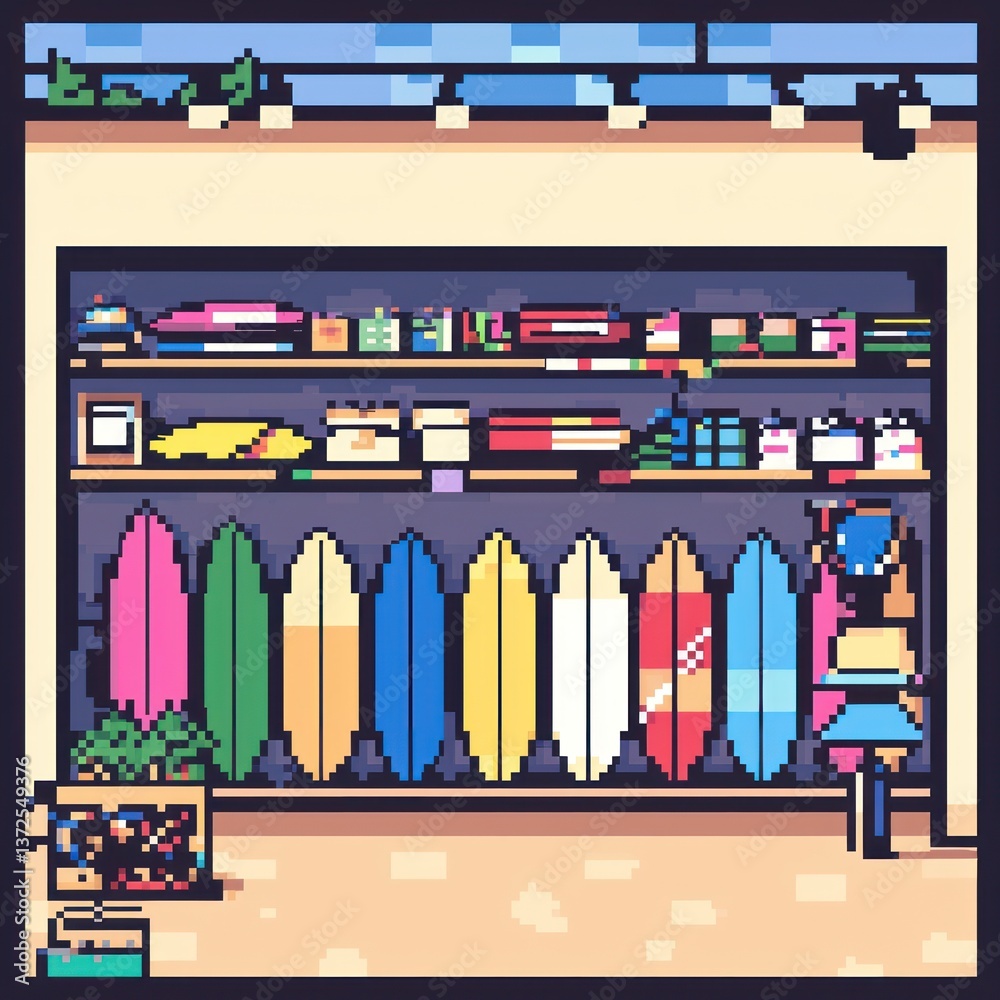 Fototapeta premium Colorful Surfboards and Beach Shop Goods in Pixel Art Style
