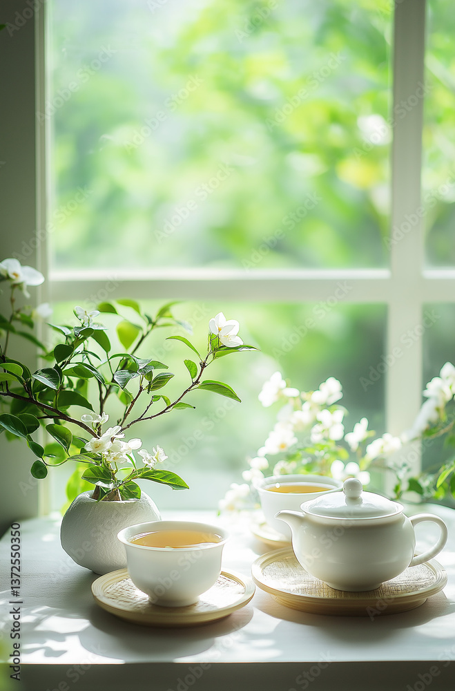 cup of tea on the table,cups of tea with mint on wooden table with blossoming cherry background cup of tea on the table,cups of tea with mint on wooden table with blossoming cherry background