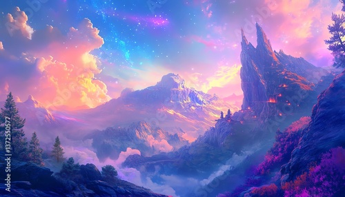 Dreamlike fantasy landscape at sunset.  Magical mountains, vibrant sky, and mystical castle. Perfect for fantasy art, game design, or whimsical backgrounds.