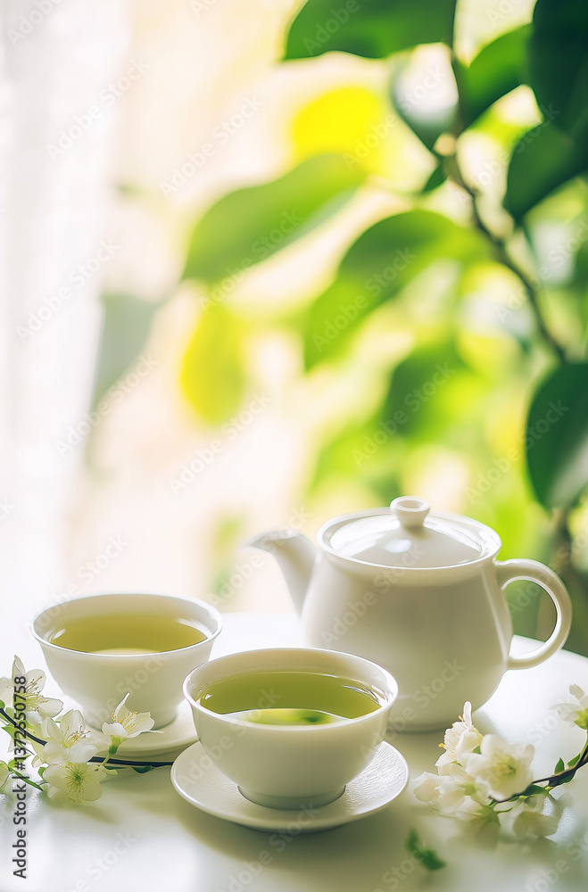 cup of tea on the table,cups of tea with mint on wooden table with blossoming cherry background cup of tea on the table,cups of tea with mint on wooden table with blossoming cherry background