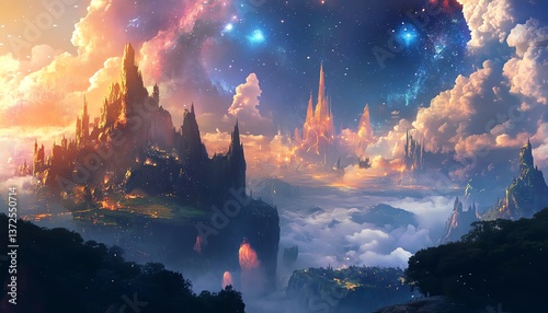 Fantasy landscape: majestic mountains, floating islands, vibrant sunset, and a starry sky.  Perfect for fantasy art, game design, or imaginative backgrounds.