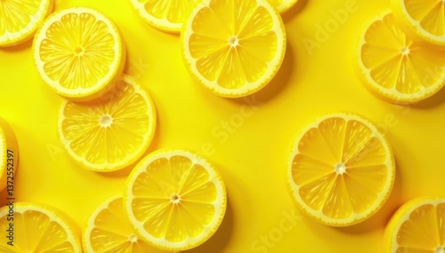 Golden yellow backdrop with overlapping juicy lemon slices forming continuous pattern, juicy, slices