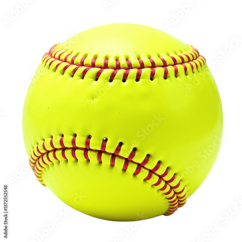 Close-up image of a yellow softball with red stitching against a black background.