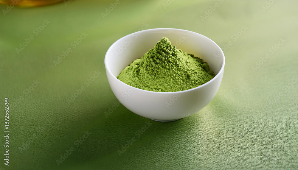 Green Tea - A simple matcha setup with a white ceramic bowl and a mound of fine green powder Green Tea - A simple matcha setup with a white ceramic bowl and a mound of fine green powder