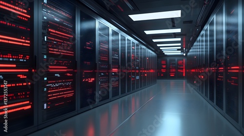 Obraz w ramie Modern Data Center Server Room with Red Lights Technology Infrastructure