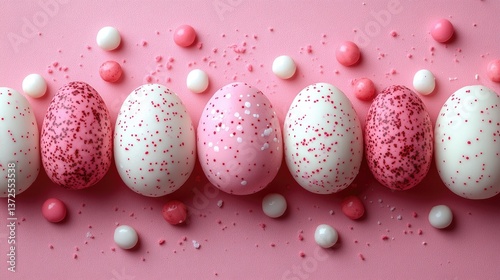 Delightful Pink and White Candy-Shaped Eggs Pattern on a Vibrant Pink Background, Perfect for Easter and Spring Themes, Top View Flat Lay with Copy Space for Creative Designs
