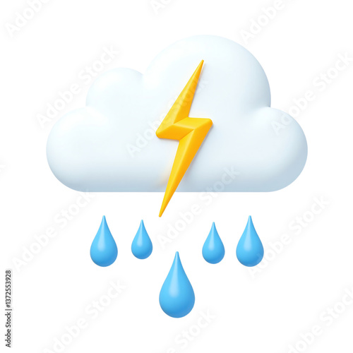 3D illustration of a cute cartoon thunderstorm icon with rain drops and lightning bolt.