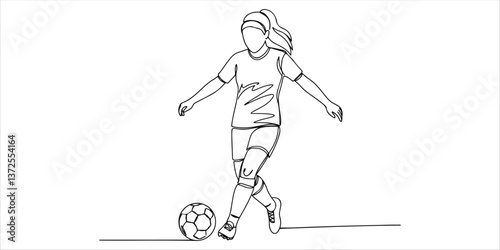 girl playing soccer continuous single line art drawing sketch on white background