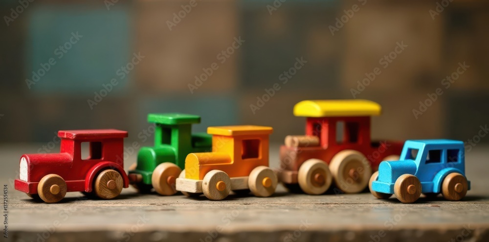 Fototapeta premium Wooden train set on rustic table, colorful cars , wheels, transport