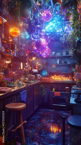 Enchanted kitchen scene with glowing orbs, vibrant plants, and mystical atmosphere. Perfect for fantasy, magic, or whimsical themes.