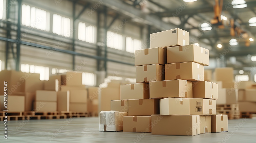 Cardboard Boxes Stacked High in a Modern Warehouse Logistics Center