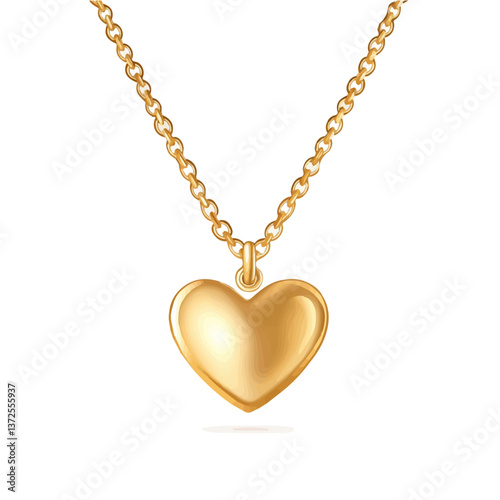 Flat vector heart-shaped pendant with gold chain, minimalist design, isolated on a white background.

