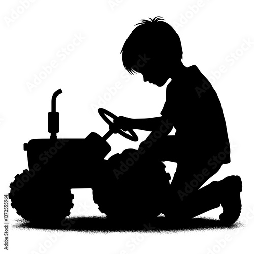 Child Playing Silhouette with Toy Tractor Against White Background  