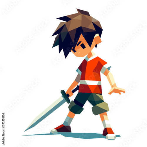 Young warrior standing confidently with a sword on a plain background  