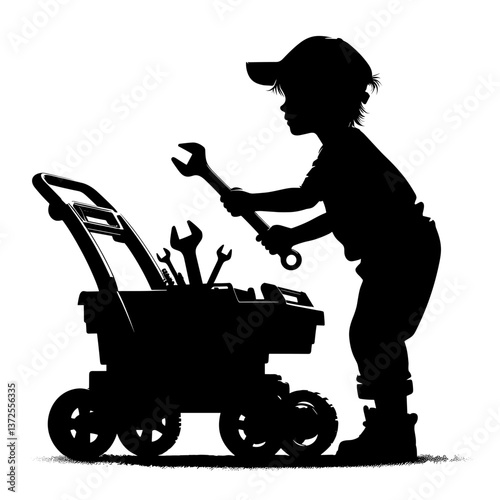 Silhouette of a child holding tools playing with a toy cart  