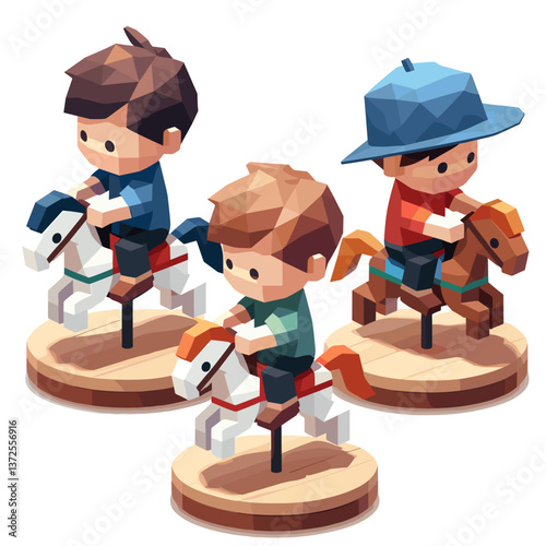 Cartoon children riding miniature horses in fun playroom setting  