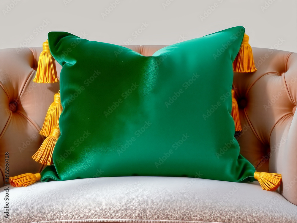 A green pillow with yellow trim sits on a couch. The pillow is covered in a soft material and has a tassel design. The couch is a tan color and is located in a room with a white wall