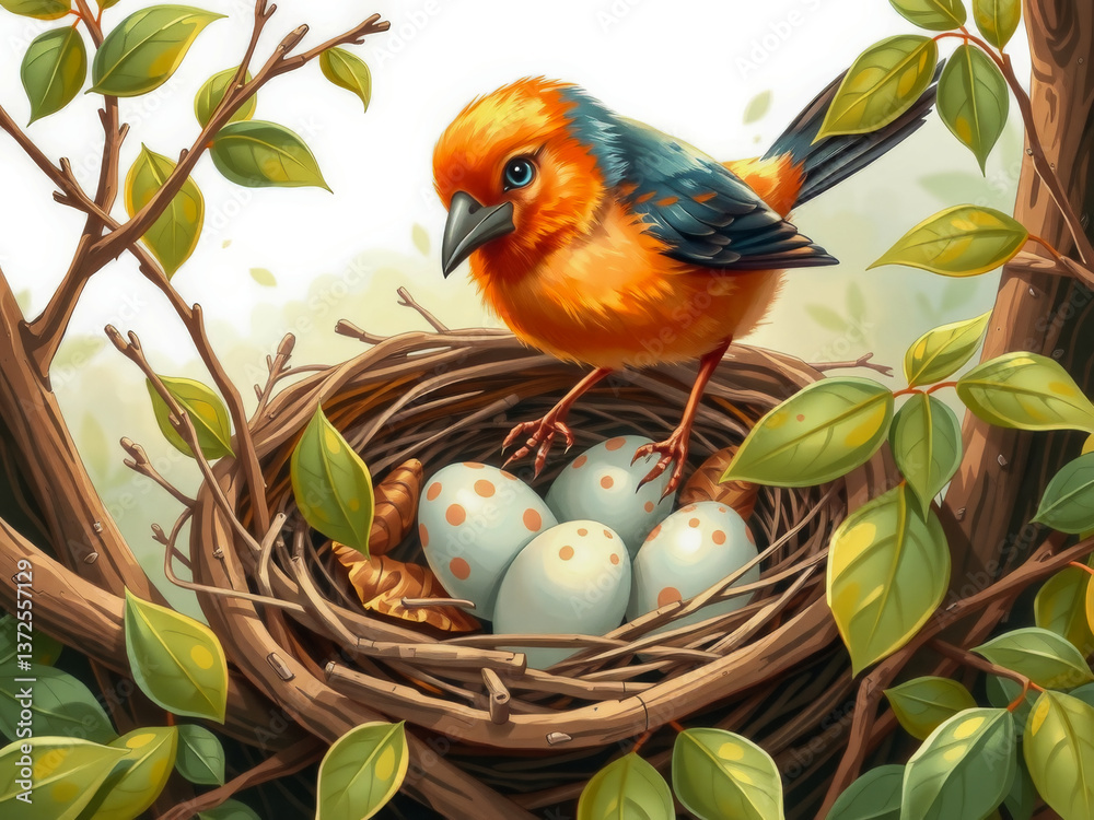 A bird is sitting on a nest with four eggs. The nest is made of twigs and leaves. The bird is looking down at the eggs, possibly preparing to feed them. Concept of warmth and nurturing