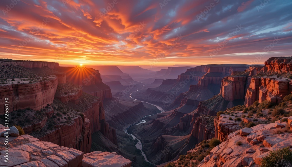 Fototapeta premium Dramatic Sunset Over Rugged Canyon with River and Cloudy Sky