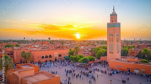 Aerial View of Jemaa El-fna Square with Crowds at Sunset Marrakech