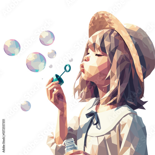 Girl blowing bubbles in a sunny, pastel geometric style  