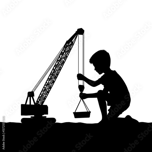 Child playing with a toy crane silhouette during sunset  