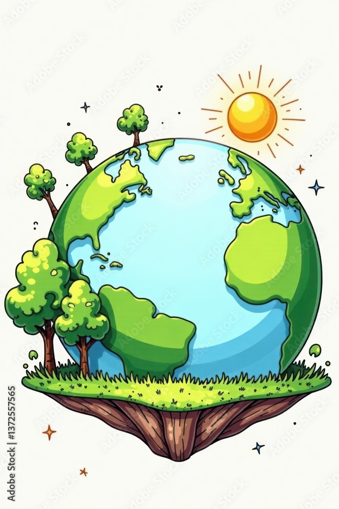 Naklejka premium Continuous line drawing of Earth and trees; minimalist World Environment Day banner , trees, ecology, continuous line