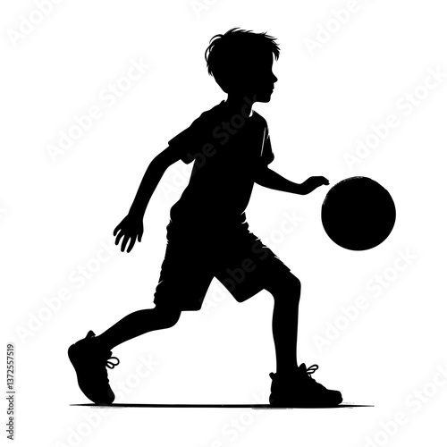 Boy dribbling basketball in silhouette against white background  