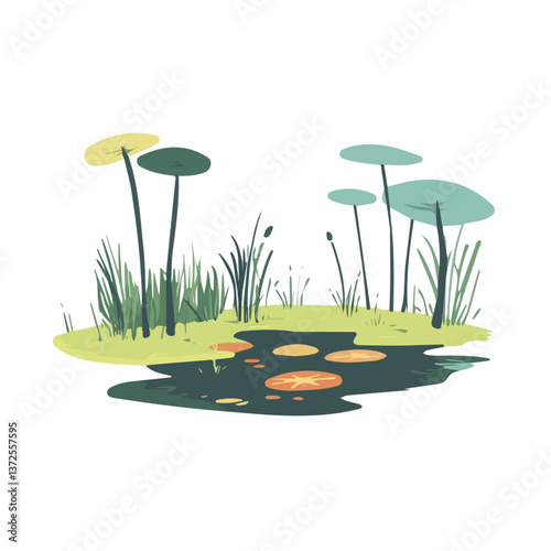 Flat vector murky swamp, minimalist design, isolated on a white background.

