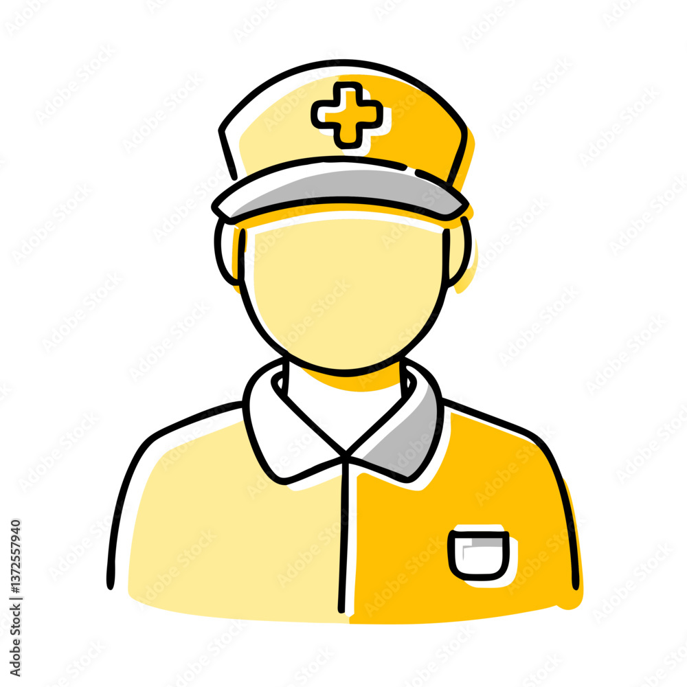 Paramedic icon featuring a person in a yellow uniform and cap on a white background. Safety and caution concept Paramedic icon featuring a person in a yellow uniform and cap on a white background. Safety and caution concept