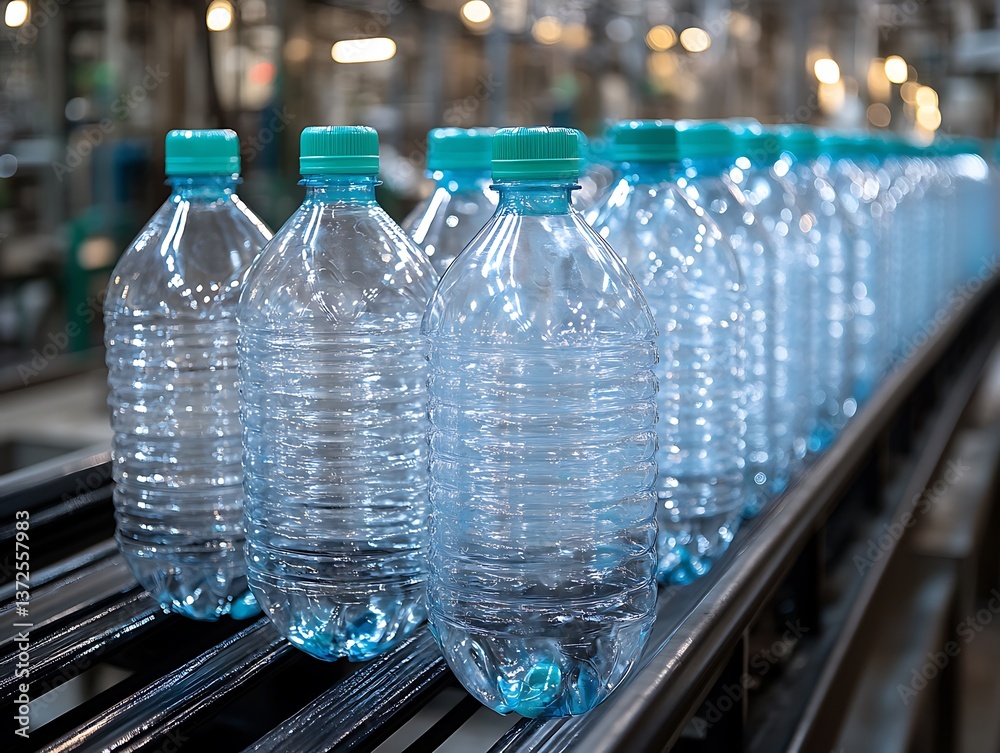 Water bottles on conveyor belt in factory Water bottles on conveyor belt in factory
