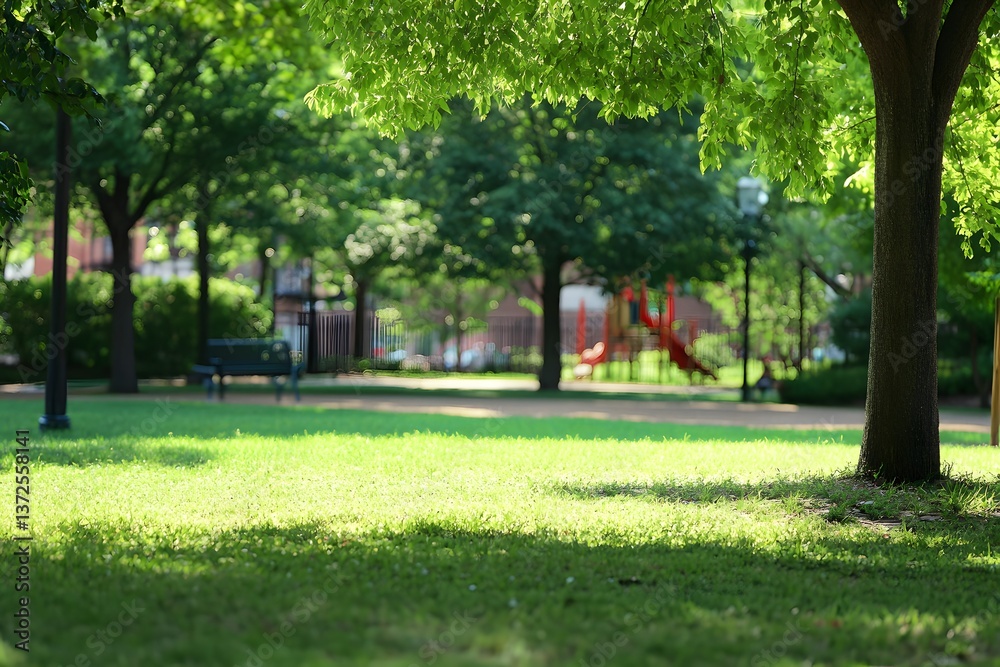Naklejka premium Sunny park view with lush grass, path, benches, trees, & playground