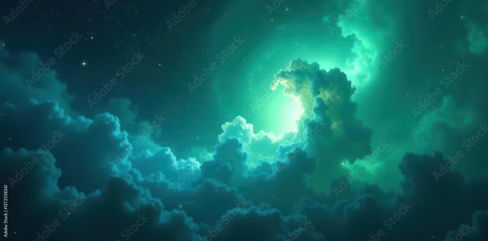 Obraz premium Deep blue-green nebula, cosmic swirls, soft focus , abstract, space