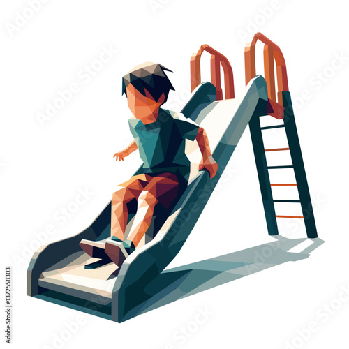 Child sliding down a playground slide in a playful manner  