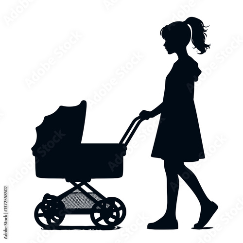 Woman pushing stroller silhouette against white background  
