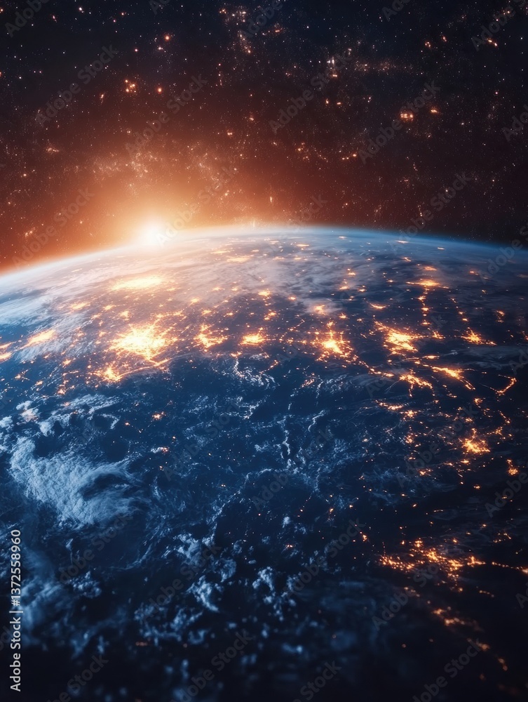 Fototapeta premium Earth from space at night with city lights glowing and sunrise illuminating the horizon in a cosmic scene