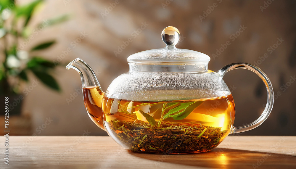 Pot Tea - A modern glass teapot with loose tea brewing inside, showcasing the delicate tea leaves expanding Pot Tea - A modern glass teapot with loose tea brewing inside, showcasing the delicate tea leaves expanding